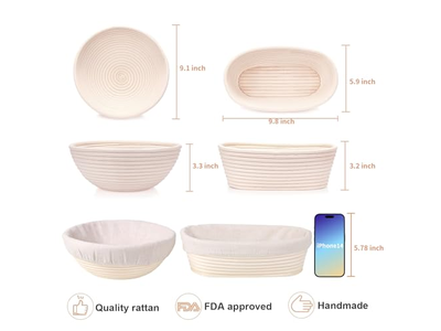 Kit de Cuisson de Pain de Grande Taille Ovale de 1 kg 9 Pouces Banneton Rectangulaire en Rotin